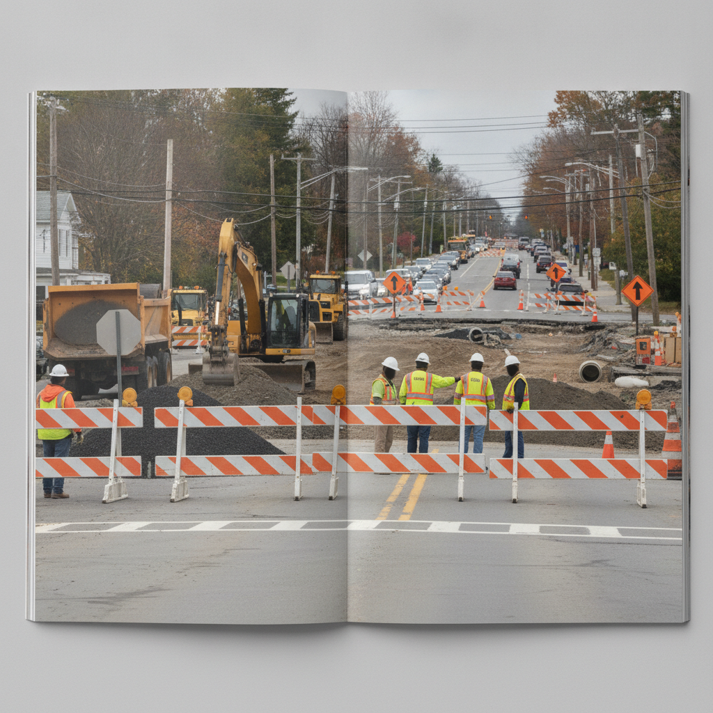 Construction workers in safety vests manage roadwork with heavy machinery and traffic ba — Bennington VT Road Construction