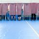Voters standing behind striped privacy curtains in a polling place during an election. — Trump voter roll data lawsuit