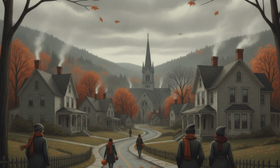 Bennington VT Halloween weather forecast: bundled-up people walk a leaf-strewn village street beneath gray skies.