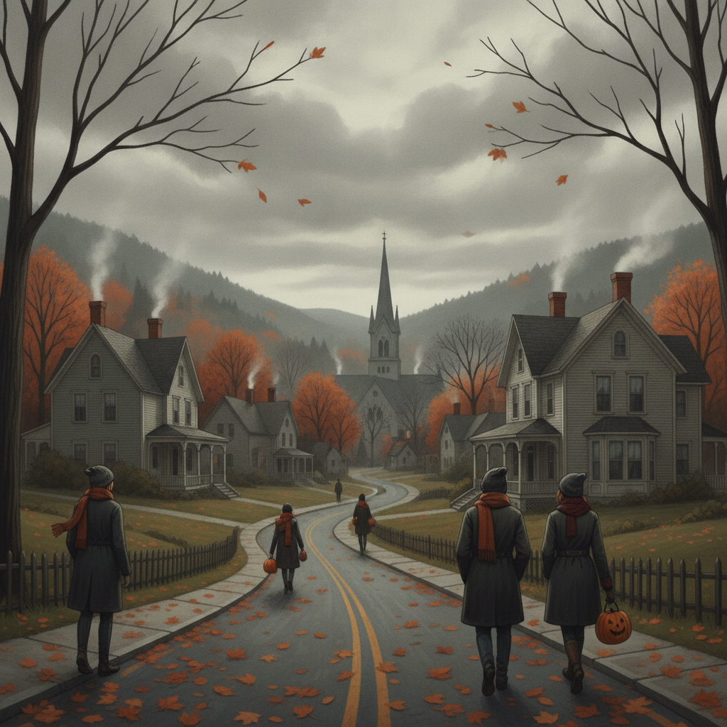 Bennington VT Halloween weather forecast: bundled-up people walk a leaf-strewn village street beneath gray skies.