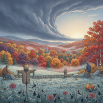 Scarecrow in foreground with people covering plants as autumn foliage glows under a dramati — Southern Vermont First Frost