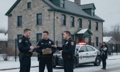Officers confer beside a police cruiser outside a stone building during the Shaftsbury Barracks child cruelty investigation.
