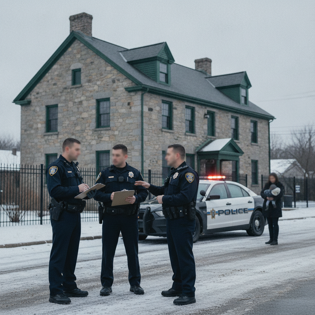 Officers confer beside a police cruiser outside a stone building during the Shaftsbury Barracks child cruelty investigation.