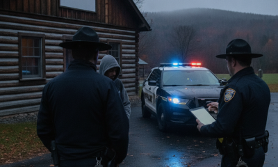 Two police officers speaking with a person near a police car with flashing lights outside a log — shaftsbury vt dui arrest