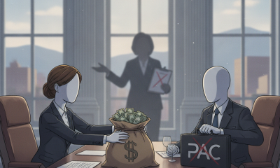 Illustration of officials exchanging a money bag beside a box marked PAC, with — Lily Fan Kathy Hochul Super PAC Donation