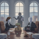 Illustration of officials exchanging a money bag beside a box marked PAC, with — Lily Fan Kathy Hochul Super PAC Donation