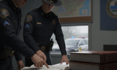 Two uniformed troopers review an open logbook beside stacked records at the Vermont State Police Shaftsbury Barracks.
