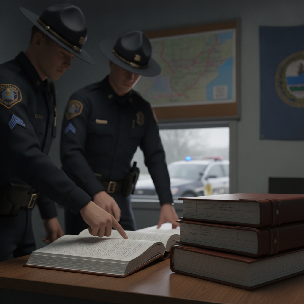 Two uniformed troopers review an open logbook beside stacked records at the Vermont State Police Shaftsbury Barracks.