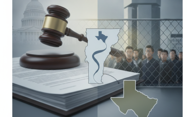 A gavel, legal documents, and state outlines of Vermont and Texas against a back — Supreme Court Trump Immigrant Detention