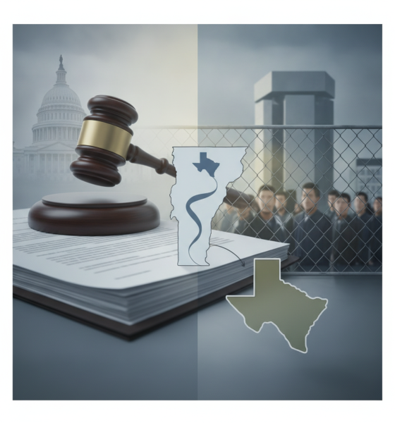 A gavel, legal documents, and state outlines of Vermont and Texas against a back — Supreme Court Trump Immigrant Detention