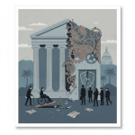 An illustration depicting a crumbling government building with gears, sy — Trump Administration Disability Rights Rollback