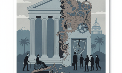 An illustration depicting a crumbling government building with gears, sy — Trump Administration Disability Rights Rollback