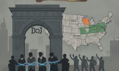 Illustration of DOJ agents and chained figures beside a U.S. map, with California — Trump DOJ California Noncitizen Voters