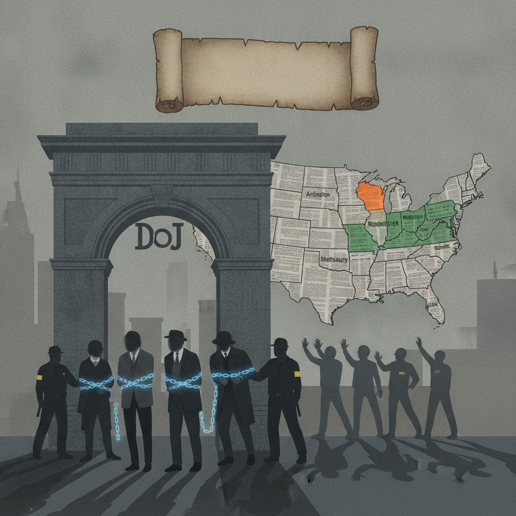 Illustration of DOJ agents and chained figures beside a U.S. map, with California — Trump DOJ California Noncitizen Voters