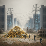 A digital illustration depicting a pile of coins labeled '10 Trillion' in a desolate urban lan — US data center investment