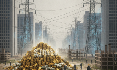 A digital illustration depicting a pile of coins labeled '10 Trillion' in a desolate urban lan — US data center investment