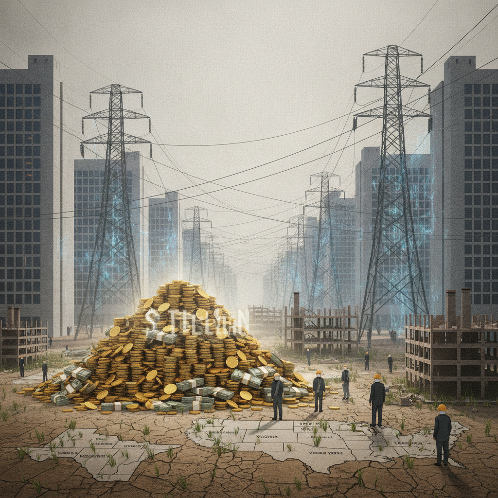 A digital illustration depicting a pile of coins labeled '10 Trillion' in a desolate urban lan — US data center investment