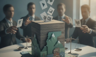 Vermont felony voting rights illustrated by ballots falling into a ballot box as suited figures hold voting cards