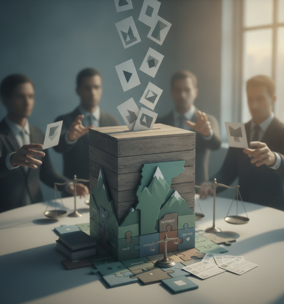 Vermont felony voting rights illustrated by ballots falling into a ballot box as suited figures hold voting cards