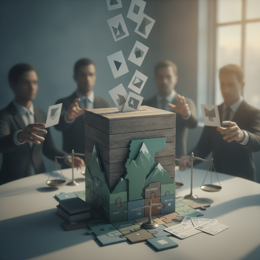 Vermont felony voting rights illustrated by ballots falling into a ballot box as suited figures hold voting cards