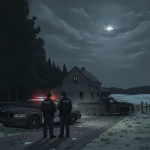 Two police officers stand near a house at night, with police vehicles and — Vermont State Police Shaftsbury investigation