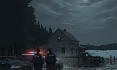 Two police officers stand near a house at night, with police vehicles and — Vermont State Police Shaftsbury investigation