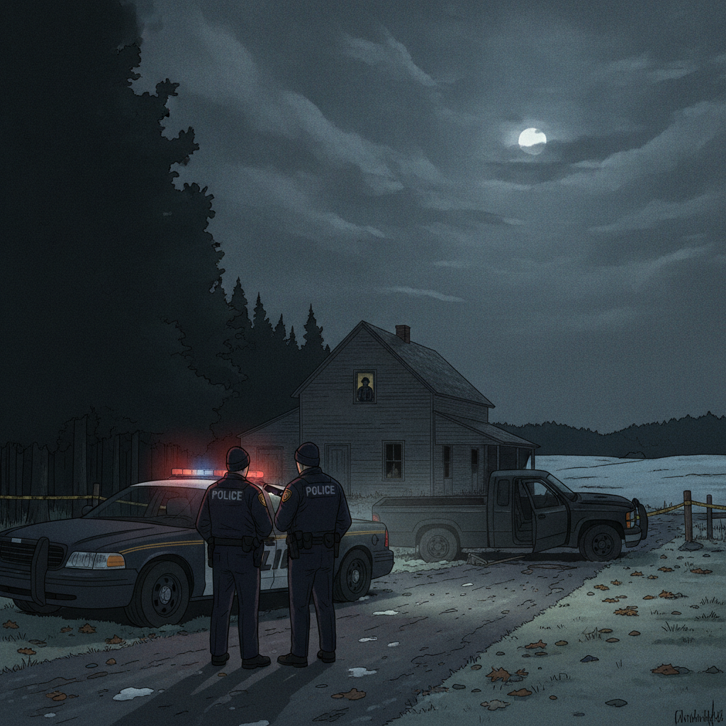 Two police officers stand near a house at night, with police vehicles and — Vermont State Police Shaftsbury investigation