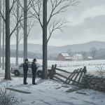 Illustration of officers beside a patrol car and damaged fence in a snowy — Shaftsbury VT unlawful mischief investigation