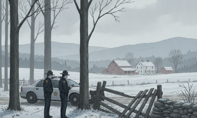 Illustration of officers beside a patrol car and damaged fence in a snowy — Shaftsbury VT unlawful mischief investigation