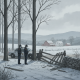Illustration of officers beside a patrol car and damaged fence in a snowy — Shaftsbury VT unlawful mischief investigation