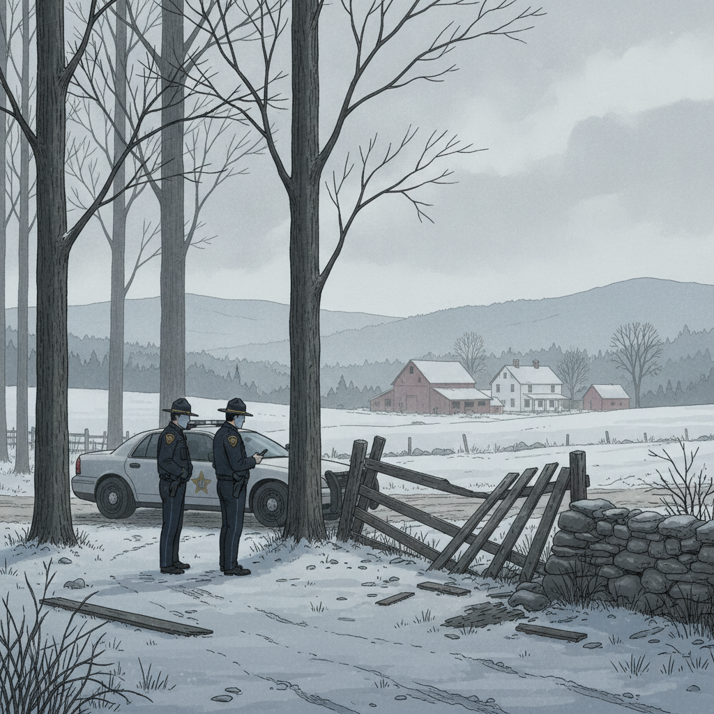 Illustration of officers beside a patrol car and damaged fence in a snowy — Shaftsbury VT unlawful mischief investigation
