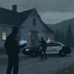 Vermont State Police Shaftsbury Barracks officers beside a patrol car outside a building at dusk