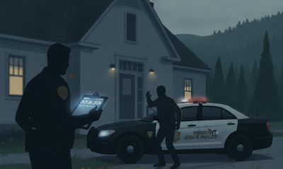 Vermont State Police Shaftsbury Barracks officers beside a patrol car outside a building at dusk