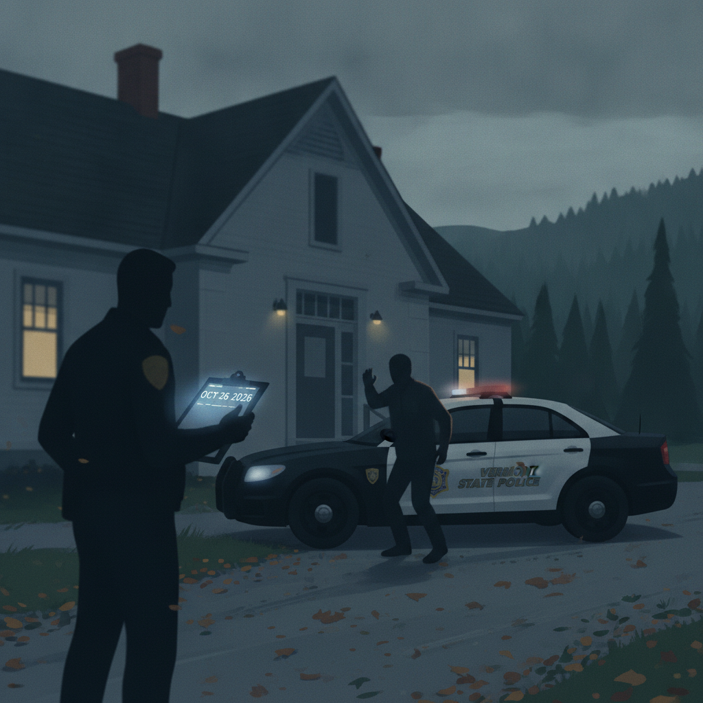 Vermont State Police Shaftsbury Barracks officers beside a patrol car outside a building at dusk