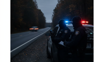 Two Vermont State Police officers in dark uniforms stand by a police vehicle wi — Vermont State Police Shaftsbury barracks