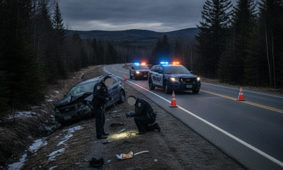 Vermont State Police investigating a DUI crash on a rural road, with a damaged — Vermont State Police Shaftsbury DUI crash