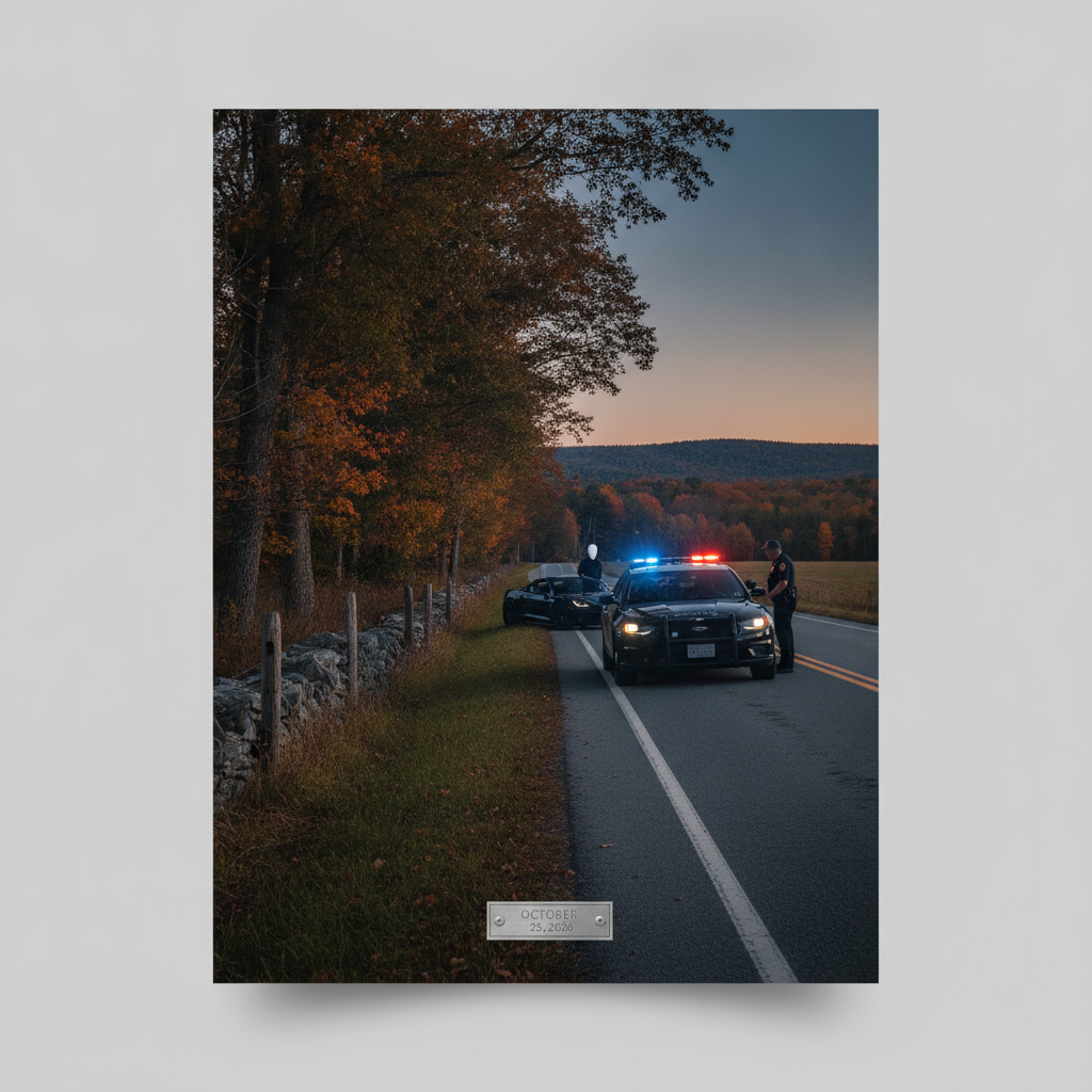 Vermont State Police Shaftsbury Barracks patrol cars with flashing lights on a rural road at dusk