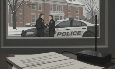 Illustration of two officers beside a police car outside a brick building, with — Vermont State Police Shaftsbury Barracks