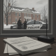 Illustration of two officers beside a police car outside a brick building, with — Vermont State Police Shaftsbury Barracks