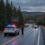 Vermont State Police Shaftsbury Barracks excessive speed stop on a rural road, with an officer beside a patrol SUV and a c…