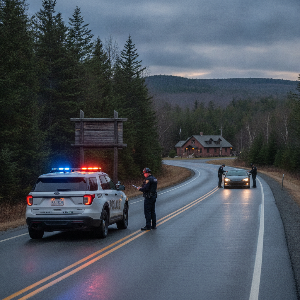 Vermont State Police Shaftsbury Barracks excessive speed stop on a rural road, with an officer beside a patrol SUV and a c…