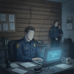 Illustration of Vermont State Police Shaftsbury Barracks simple assault reporting, with an officer at a laptop and another…