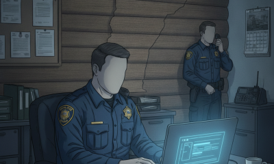 Illustration of Vermont State Police Shaftsbury Barracks simple assault reporting, with an officer at a laptop and another…