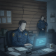 Illustration of Vermont State Police Shaftsbury Barracks simple assault reporting, with an officer at a laptop and another…