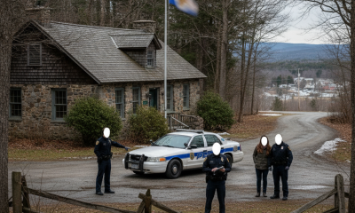 Vermont State Police Shaftsbury Barracks officers stand near a patrol car outside a stone building, behind police tape.
