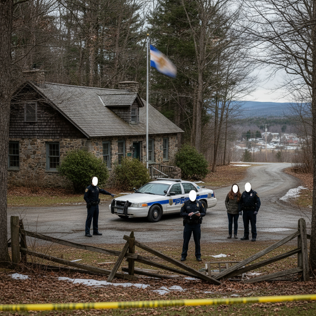 Vermont State Police Shaftsbury Barracks officers stand near a patrol car outside a stone building, behind police tape.