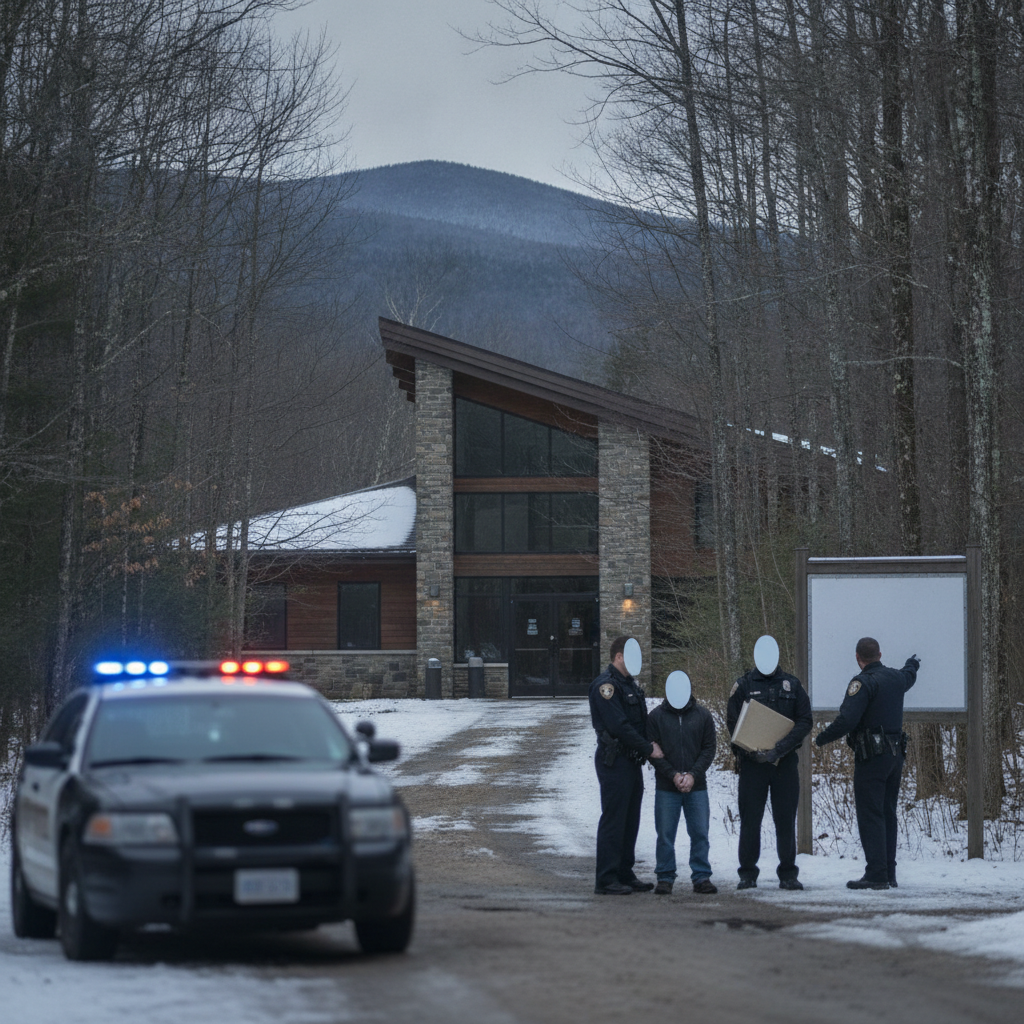 Vermont State Police Shaftsbury Barracks officers stand beside a patrol vehicle and three people outside a stone building.