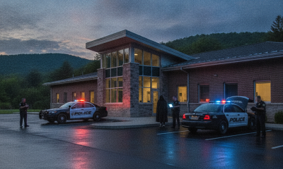 Vermont State Police Shaftsbury Barracks building at dusk, with two police cars and officers outside.