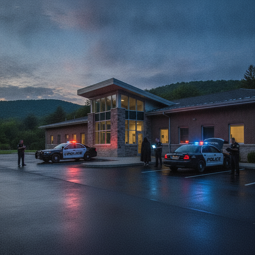 Vermont State Police Shaftsbury Barracks building at dusk, with two police cars and officers outside.
