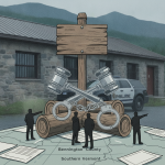 Illustration of handcuffs and gavels before a police vehicle and station, with Vermont State Police Shaftsbury Barracks co…